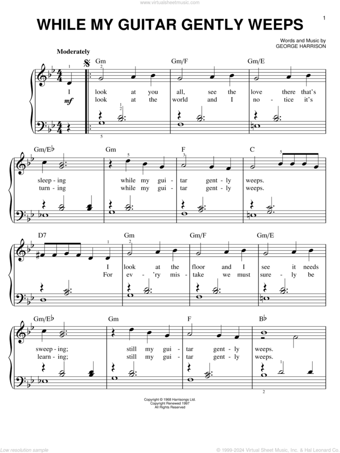 While My Guitar Gently Weeps, (easy) sheet music for piano solo by The Beatles, Across The Universe (Movie) and George Harrison, easy skill level