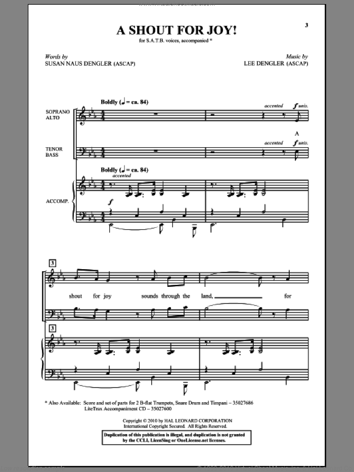 A Shout For Joy! sheet music for choir (SATB: soprano, alto, tenor, bass) by Lee Dengler and Susan Naus Dengler, intermediate skill level