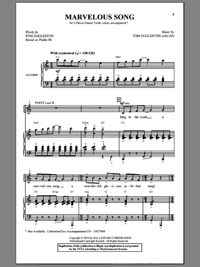 Marvelous Song sheet music for choir (2-Part) by Tom Eggleston, intermediate duet