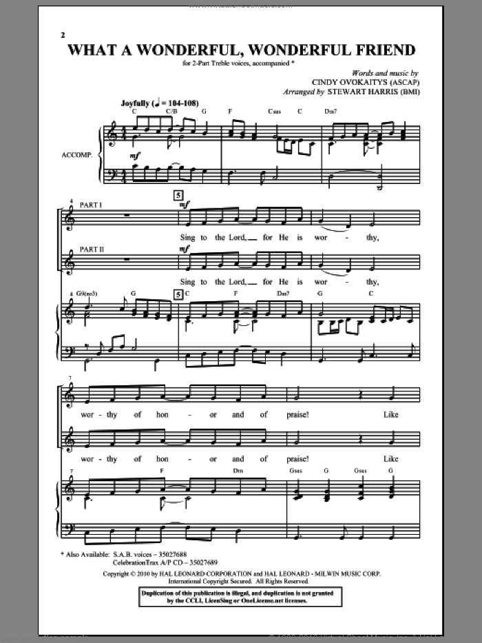 What A Wonderful, Wonderful Friend sheet music for choir (2-Part) by Cindy Ovokaitys and Stewart Harris, intermediate duet