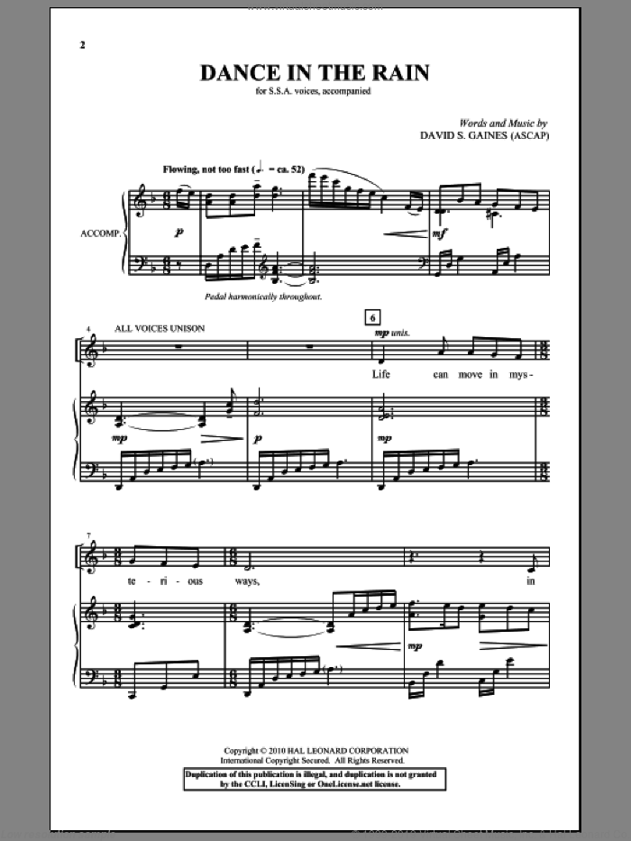 Dance In The Rain sheet music for choir (SSA: soprano, alto) by David S. Gaines, intermediate skill level