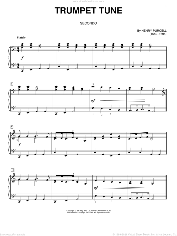Trumpet Tune sheet music for piano four hands by Henry Purcell, classical score, intermediate skill level