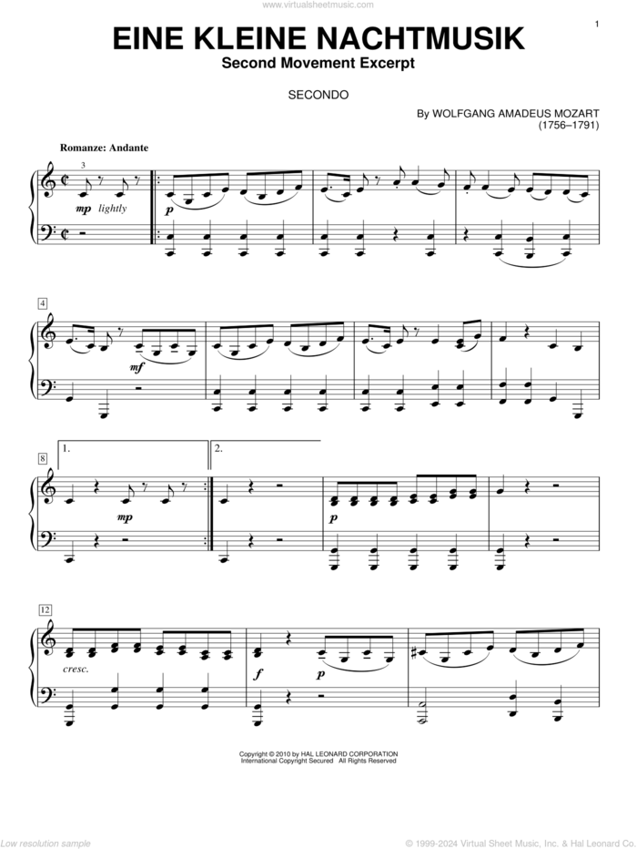 Eine Kleine Nachtmusik ('Romance'), Second Movement sheet music for piano four hands by Wolfgang Amadeus Mozart, classical wedding score, intermediate skill level