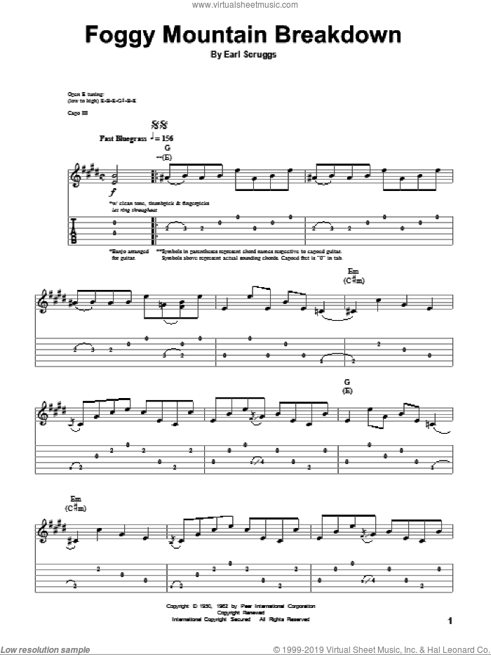 Foggy Mountain Breakdown sheet music for guitar (tablature, play-along) by Flatt & Scruggs, Lester Flatt and Earl Scruggs, intermediate skill level