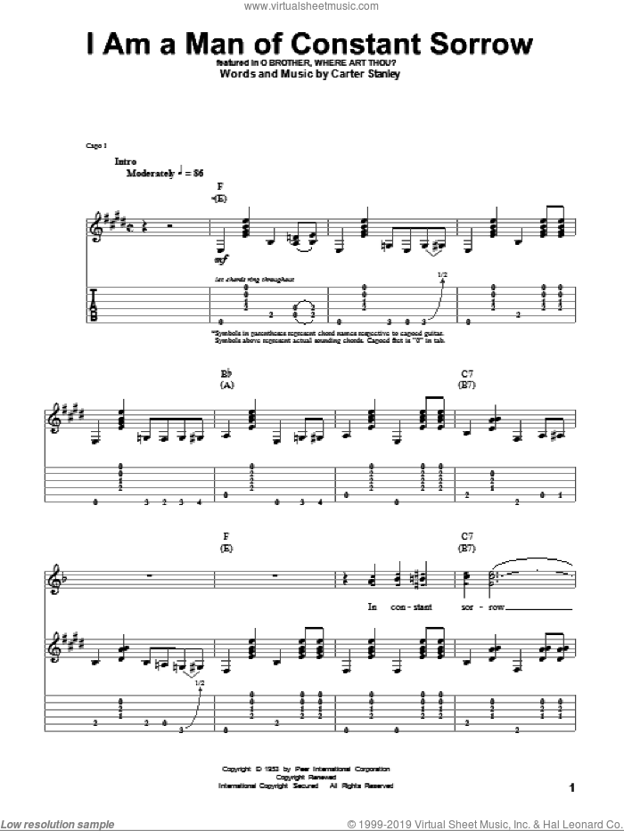 I Am A Man Of Constant Sorrow sheet music for guitar (tablature, play-along) by The Soggy Bottom Boys, Brother, Where Art Thou? (Movie), O Brother, Where Art Thou? (Movie) and Carter Stanley, intermediate skill level