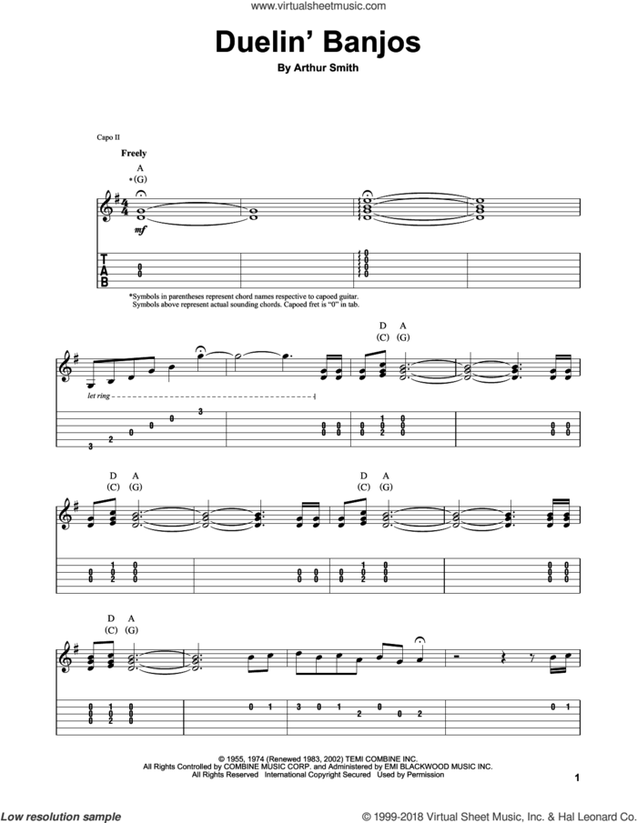 Duelin' Banjos sheet music for guitar (tablature, play-along) by Eric Weissberg & Steve Mandell and Arthur Smith, intermediate skill level