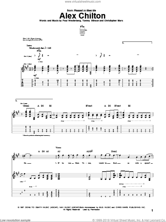 Alex Chilton sheet music for guitar (tablature) by The Replacements, Christopher Mars, Paul Westerberg and Tommy Stinson, intermediate skill level