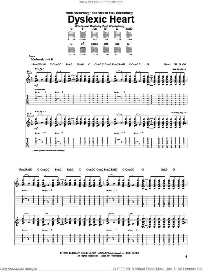 Dyslexic Heart sheet music for guitar (tablature) by The Replacements and Paul Westerberg, intermediate skill level