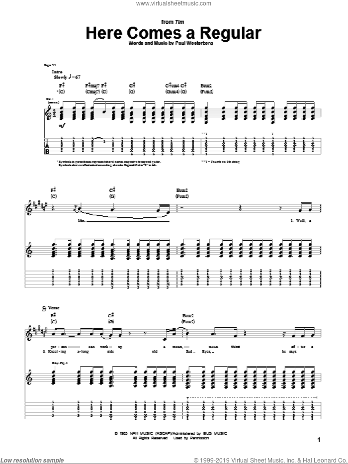 Here Comes A Regular sheet music for guitar (tablature) by The Replacements and Paul Westerberg, intermediate skill level