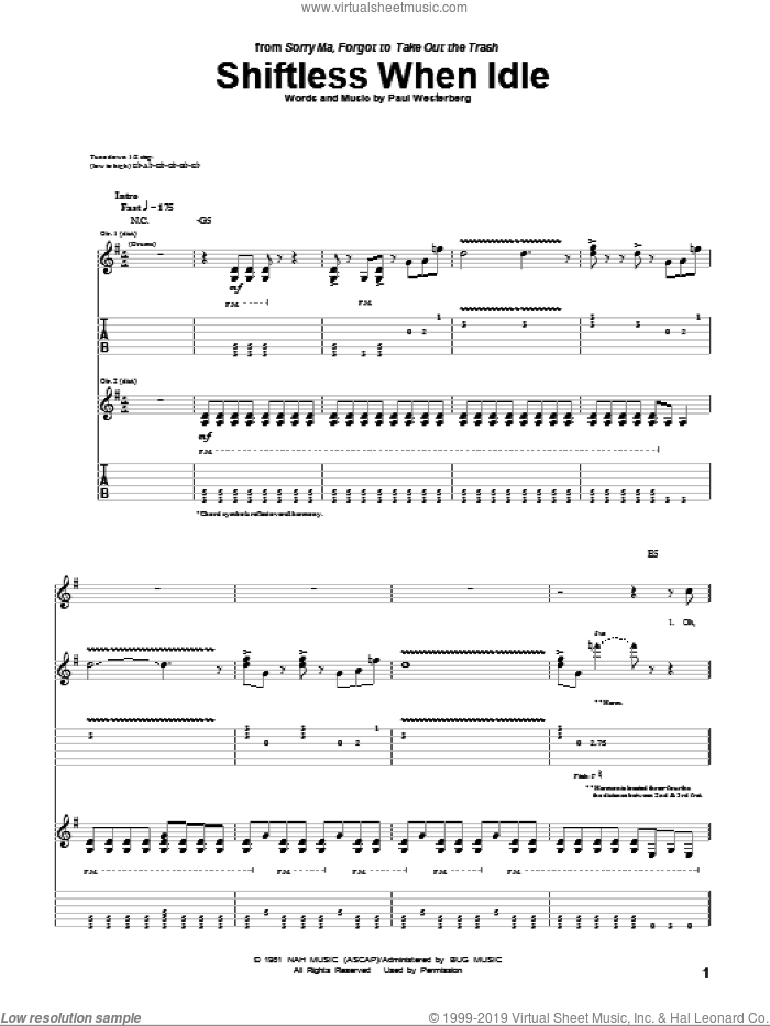 Shiftless When Idle sheet music for guitar (tablature) by The Replacements and Paul Westerberg, intermediate skill level