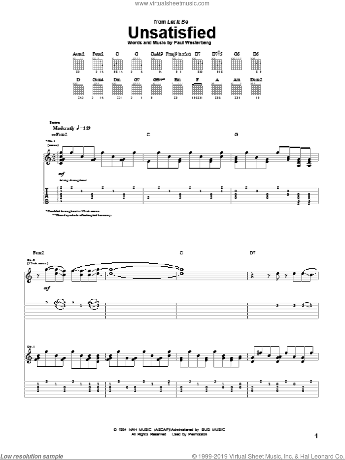 Unsatisfied sheet music for guitar (tablature) by The Replacements and Paul Westerberg, intermediate skill level