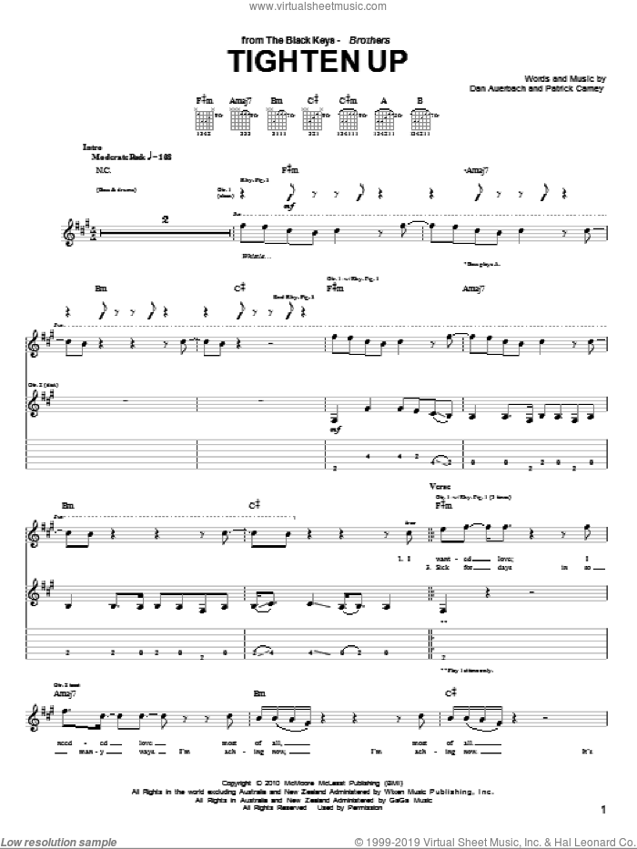 Tighten Up sheet music for guitar (tablature) by The Black Keys, Daniel Auerbach and Patrick Carney, intermediate skill level