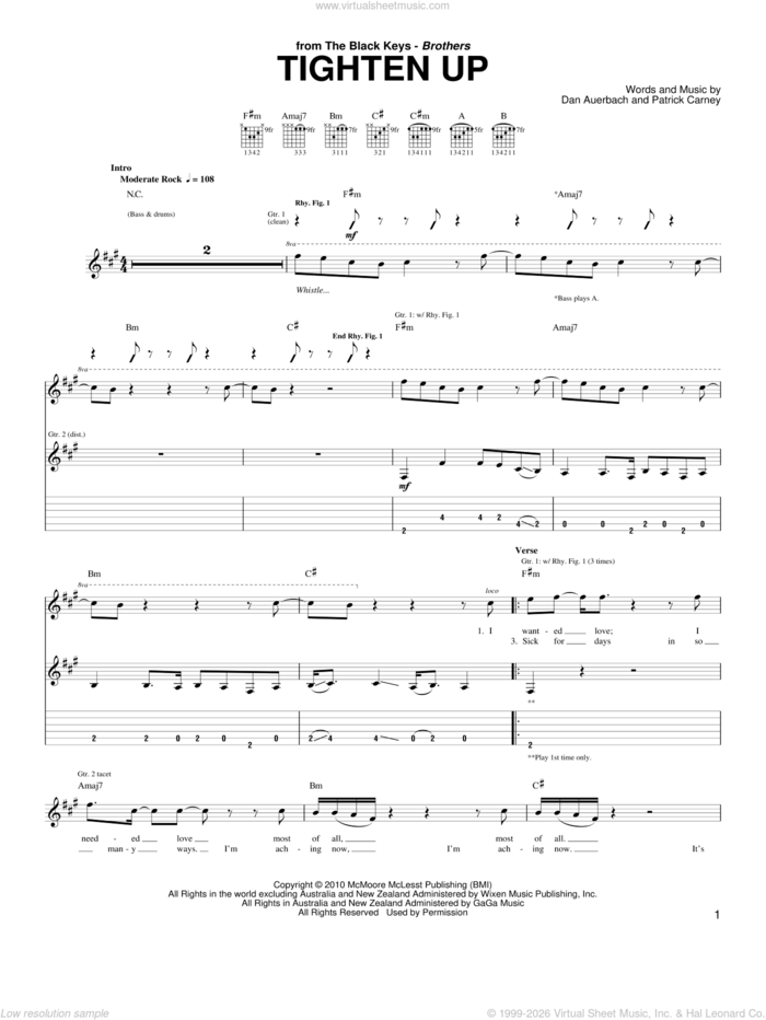 Tighten Up sheet music for guitar (tablature) by The Black Keys, Daniel Auerbach and Patrick Carney, intermediate skill level