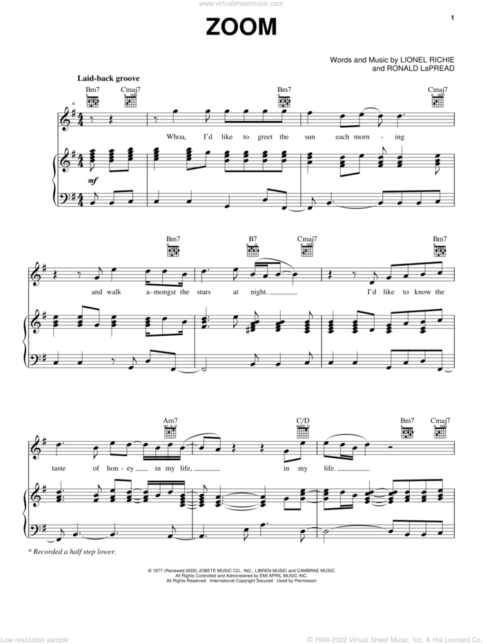 Zoom sheet music for voice, piano or guitar by The Commodores, Lionel Richie and Ronald LaPread, intermediate skill level