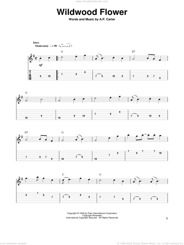 Wildwood Flower sheet music for guitar (tablature, play-along) by The Carter Family, Johnny Cash and A.P. Carter, intermediate skill level