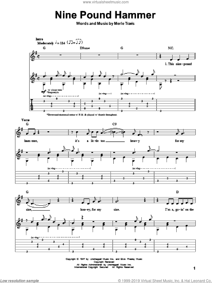 Nine Pound Hammer sheet music for guitar (tablature, play-along) by Merle Travis, intermediate skill level