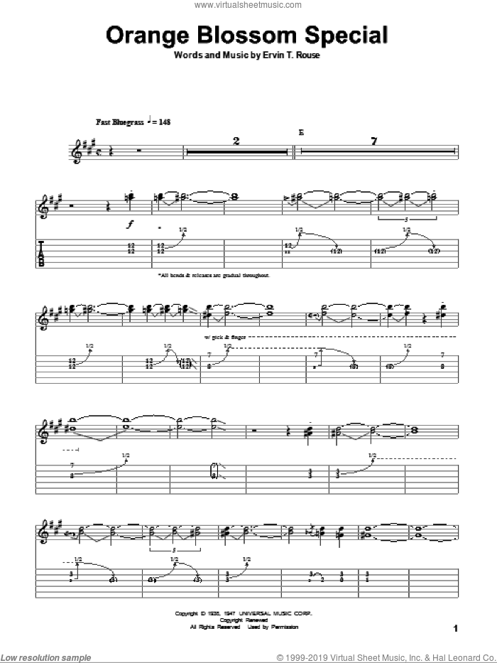 Orange Blossom Special sheet music for guitar (tablature, play-along) by Ervin T. Rouse, intermediate skill level