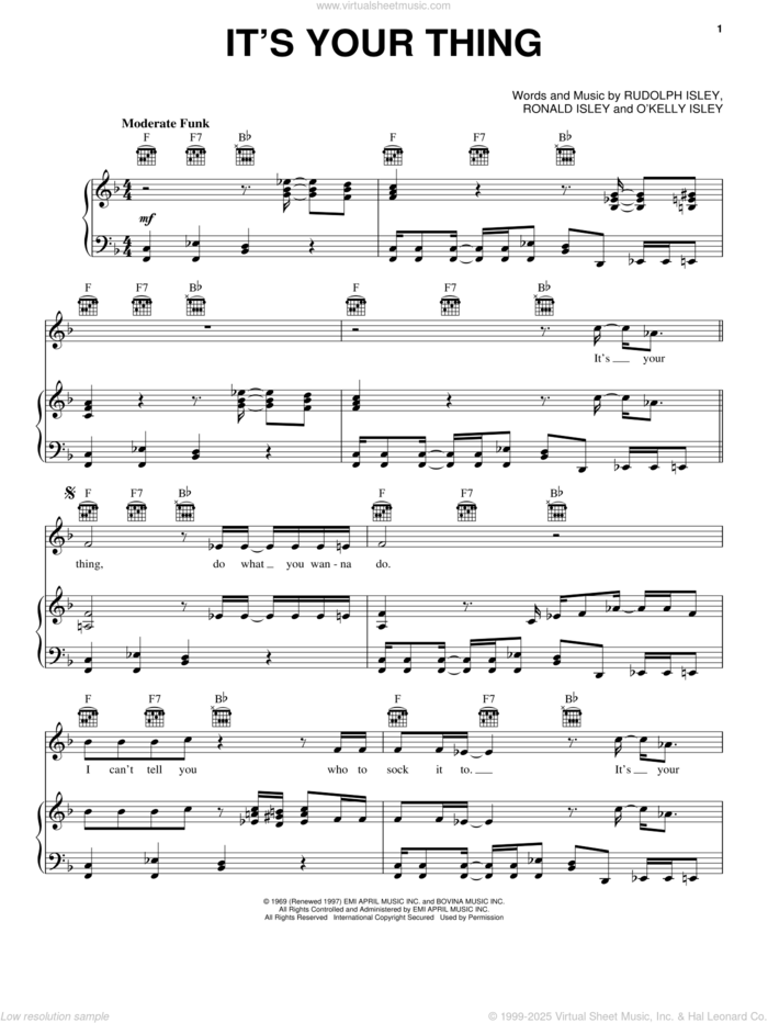 It's Your Thing sheet music for voice, piano or guitar by The Isley Brothers, O Kelly Isley, Ronald Isley and Rudolph Isley, intermediate skill level