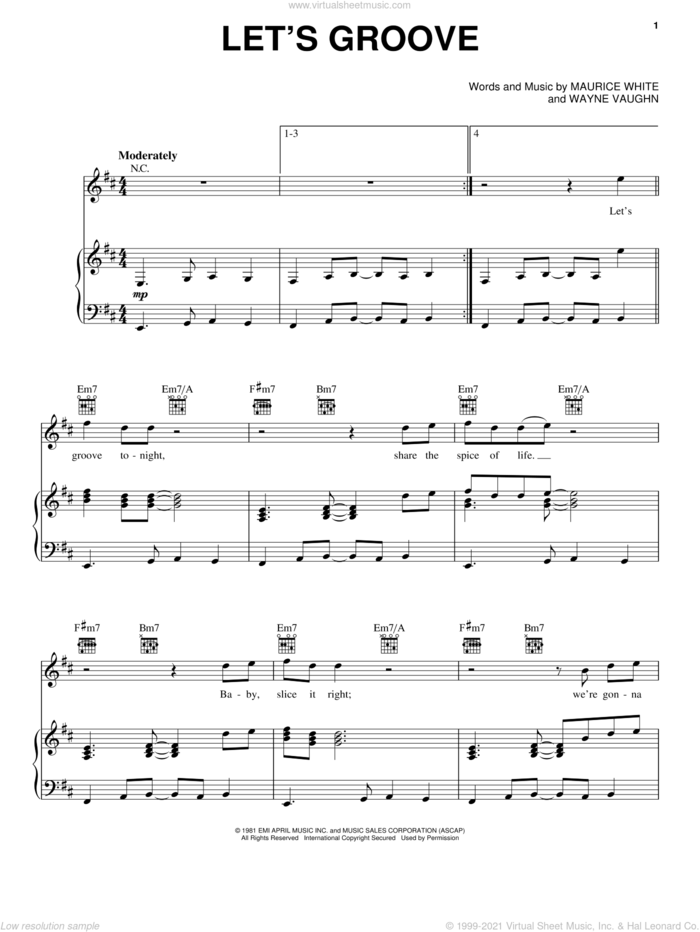 Let's Groove sheet music for voice, piano or guitar by Earth, Wind & Fire, Maurice White and Wayne Vaughn, intermediate skill level