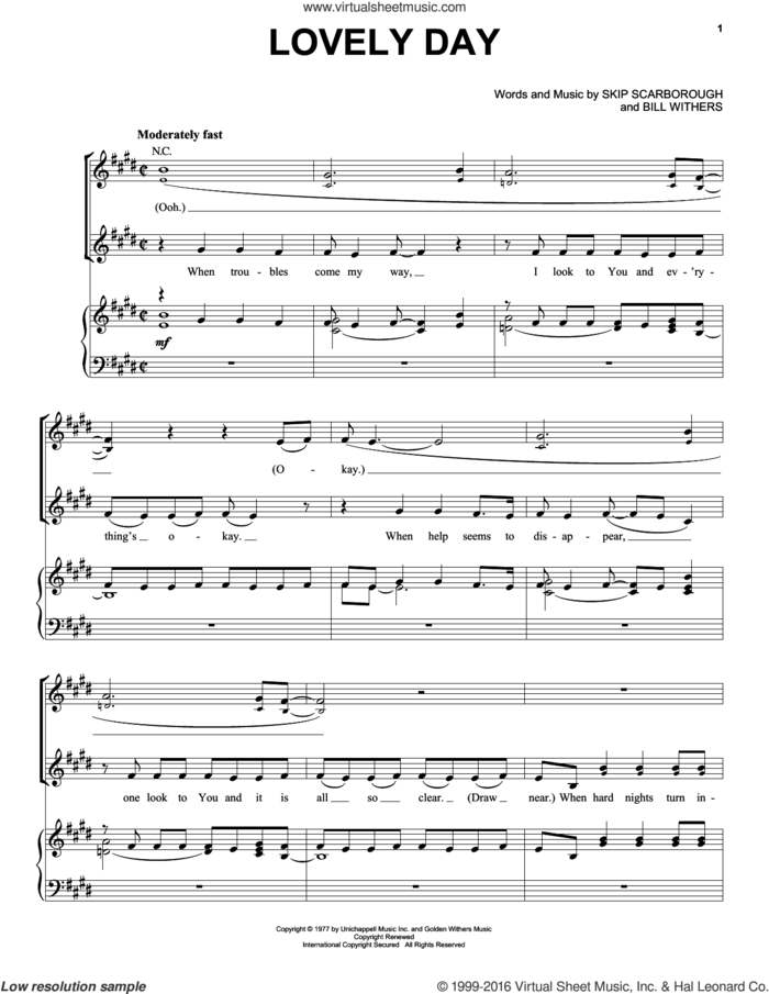 Lovely Day sheet music for voice, piano or guitar by Out of Eden, Bill Withers and Skip Scarborough, intermediate skill level