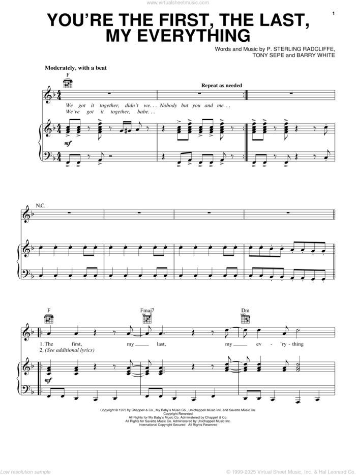 You're The First, The Last, My Everything sheet music for voice, piano or guitar by Barry White, P. Sterling Radcliffe and Tony Sepe, intermediate skill level