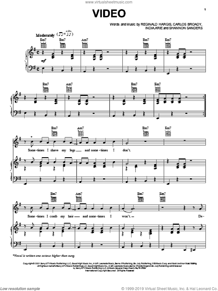 Video sheet music for voice, piano or guitar by India Arie, Carlos Broady and Reginald Hargis, intermediate skill level