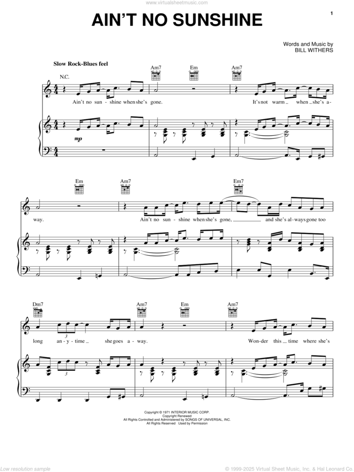 Ain't No Sunshine sheet music for voice, piano or guitar by Bill Withers, intermediate skill level