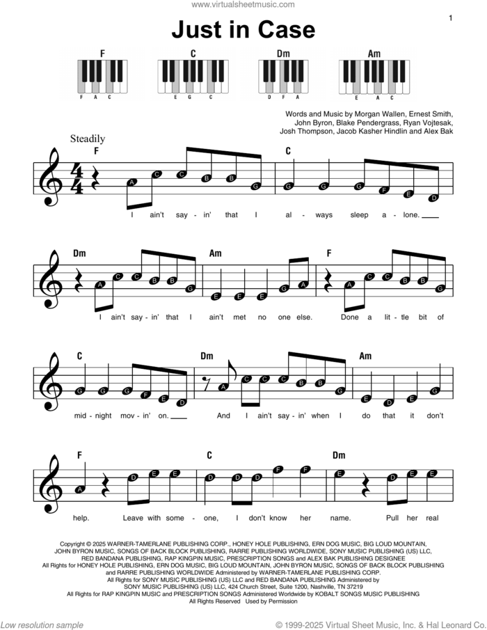 Just In Case sheet music for piano solo by Morgan Wallen, Alex Bak, Blake Pendergrass, Ernest Smith, Jacob Kasher Hindlin, John Byron, Josh Thompson and Ryan Vojtesak, beginner skill level