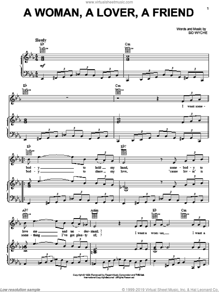 A Woman, A Lover, A Friend sheet music for voice, piano or guitar by Jackie Wilson and Sid Wyche, intermediate skill level