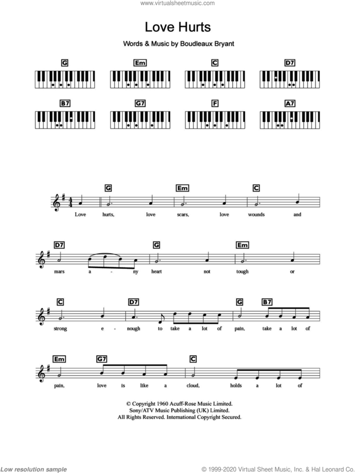 Love Hurts sheet music for piano solo (chords, lyrics, melody) by Everly Brothers, Nazareth and Boudleaux Bryant, intermediate piano (chords, lyrics, melody)