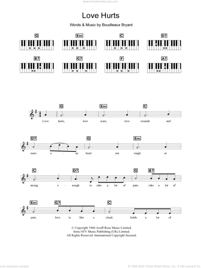 Love Hurts sheet music for piano solo (chords, lyrics, melody) by Everly Brothers, Nazareth and Boudleaux Bryant, intermediate piano (chords, lyrics, melody)