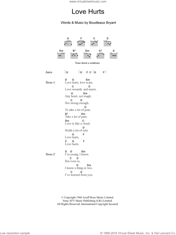 Love Hurts sheet music for guitar (chords) by Everly Brothers, Nazareth and Boudleaux Bryant, intermediate skill level