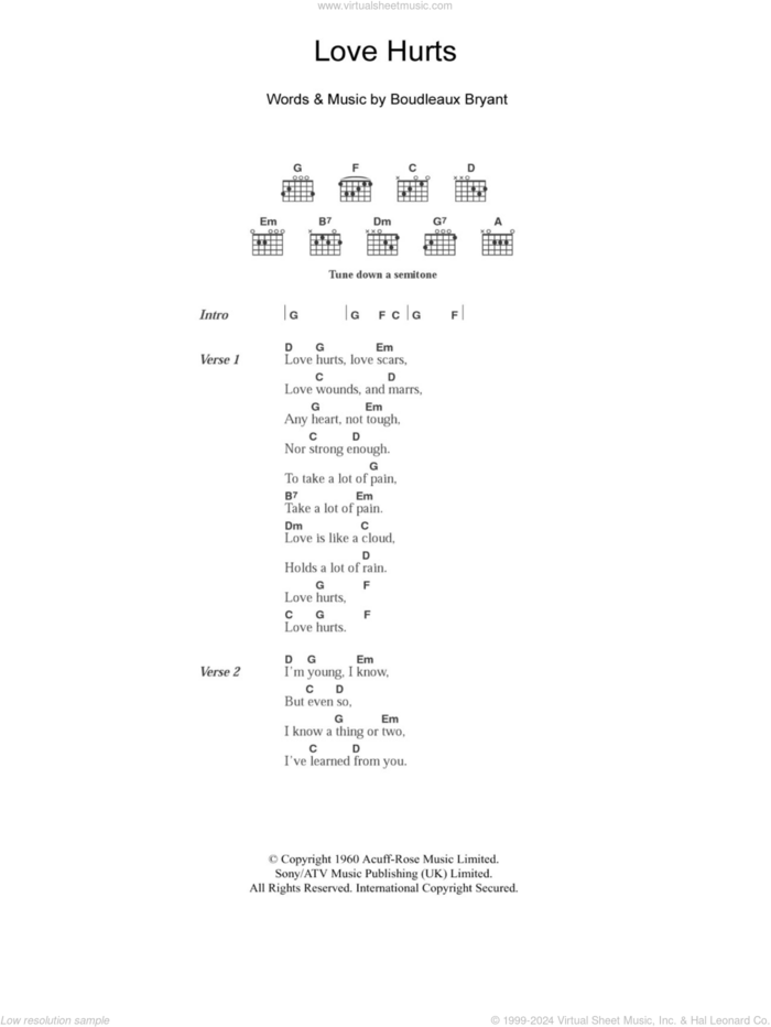 Love Hurts sheet music for guitar (chords) by Everly Brothers, Nazareth and Boudleaux Bryant, intermediate skill level