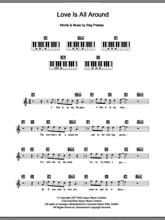 Love Is All Around, (intermediate) sheet music for piano solo (chords, lyrics, melody) by Wet Wet Wet, The Troggs and Reg Presley, intermediate piano (chords, lyrics, melody)