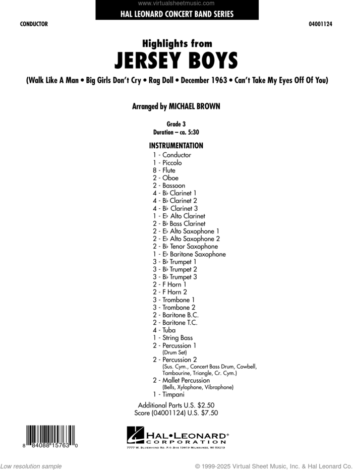 Highlights from Jersey Boys (COMPLETE) sheet music for concert band by Michael Brown, intermediate skill level