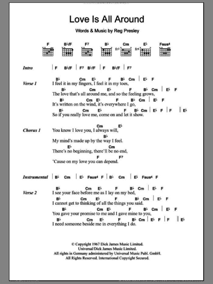 Love Is All Around sheet music for guitar (chords) by Wet Wet Wet, The Troggs and Reg Presley, intermediate skill level