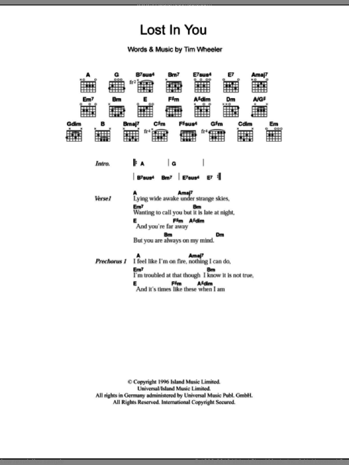 Lost In You sheet music for guitar (chords) by Tim Wheeler, intermediate skill level