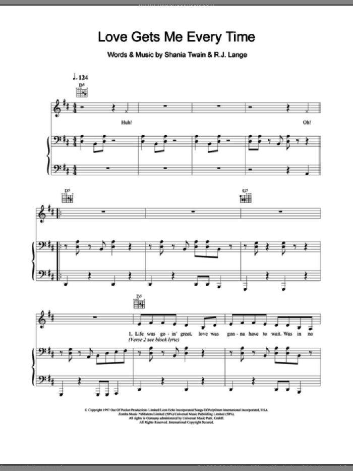 Love Gets Me Every Time sheet music for voice, piano or guitar by Shania Twain and Robert John Lange, intermediate skill level