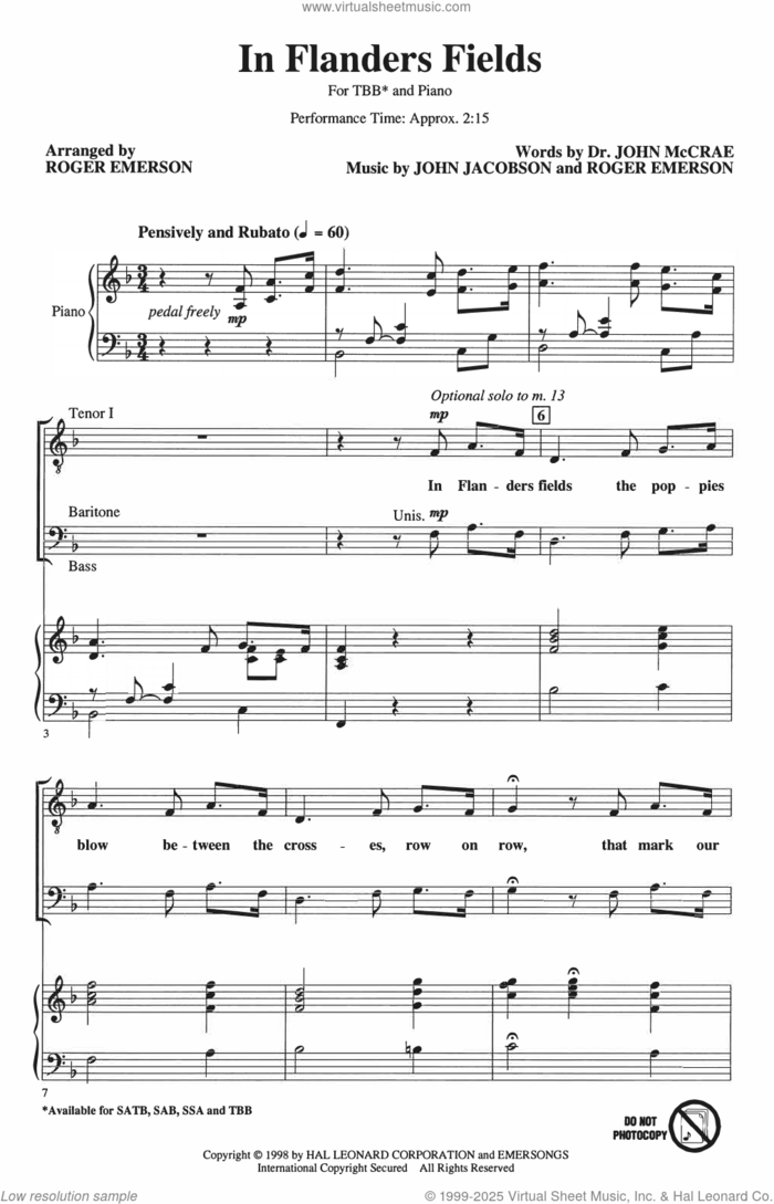 In Flanders Fields sheet music for choir (TBB: tenor, bass) by Roger Emerson, Dr. John McCrae, John Jacobson and Roger Emerson & John Jacobson, intermediate skill level
