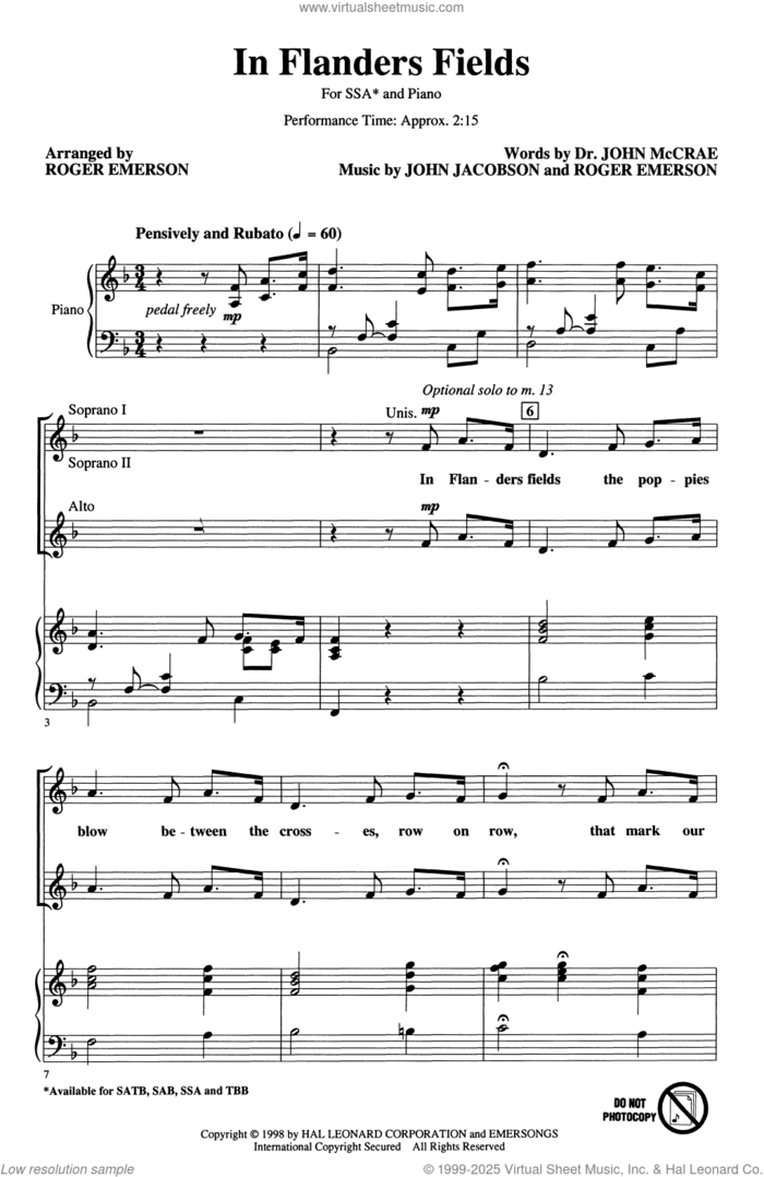 In Flanders Fields sheet music for choir (SSA: soprano, alto) by Roger Emerson, Dr. John McCrae, John Jacobson and Roger Emerson & John Jacobson, intermediate skill level