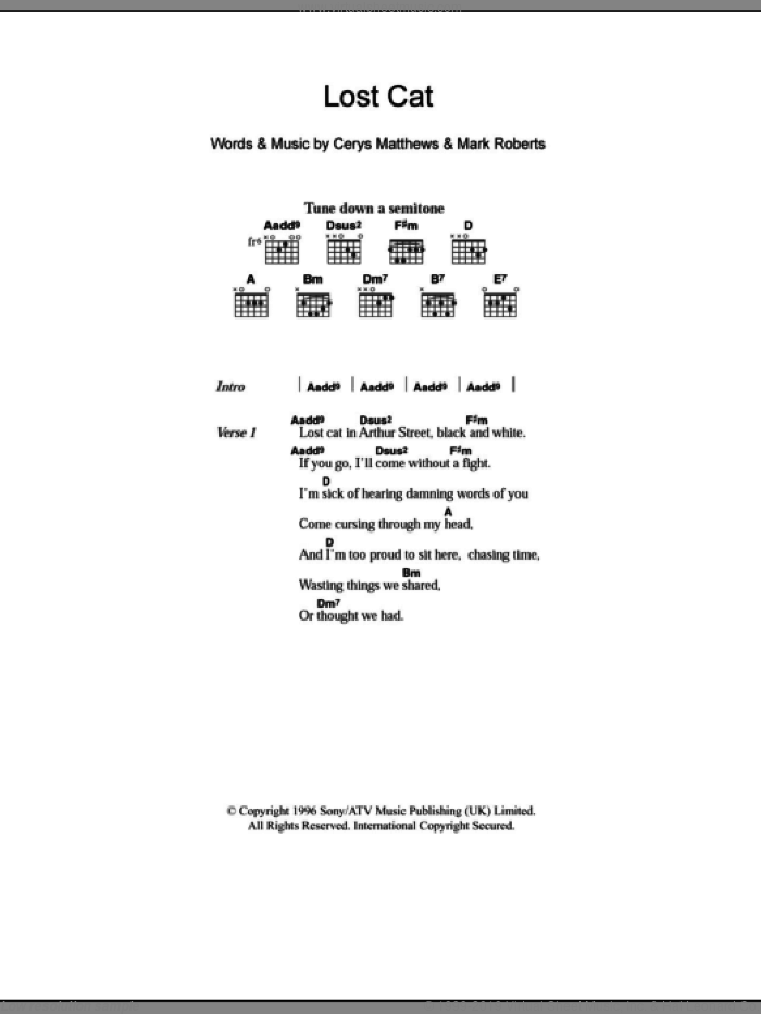 Lost Cat sheet music for guitar (chords) by Catatonia, Cerys Matthews and Mark Roberts, intermediate skill level