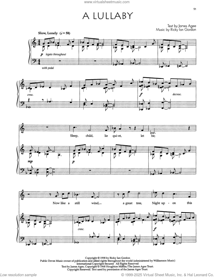 A Lullaby sheet music for voice and piano by Audra McDonald, Ricky Ian Gordon and James Agee, intermediate skill level