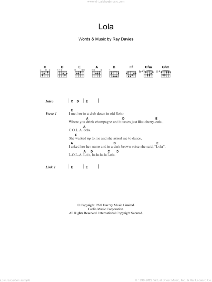 Lola sheet music for guitar (chords) by The Kinks and Ray Davies, intermediate skill level