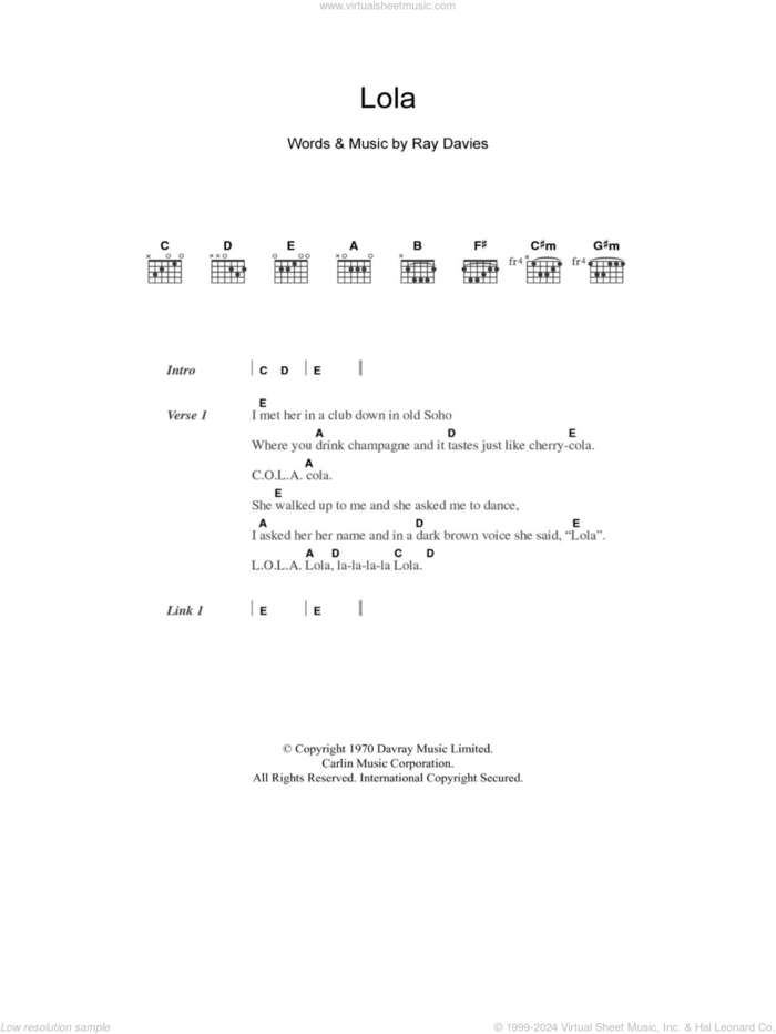 Lola sheet music for guitar (chords) by The Kinks and Ray Davies, intermediate skill level