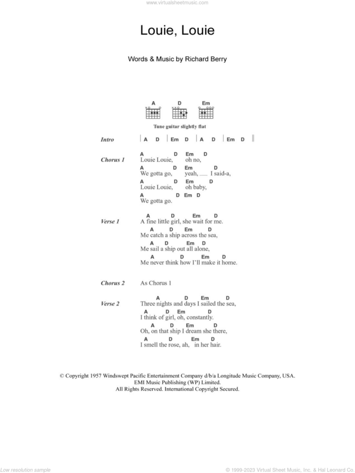 Louie Louie sheet music for guitar (chords) by The Kingsmen and Richard Berry, intermediate skill level