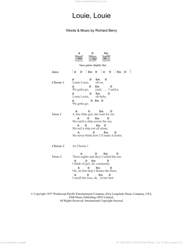 Louie Louie sheet music for guitar (chords) by The Kingsmen and Richard Berry, intermediate skill level