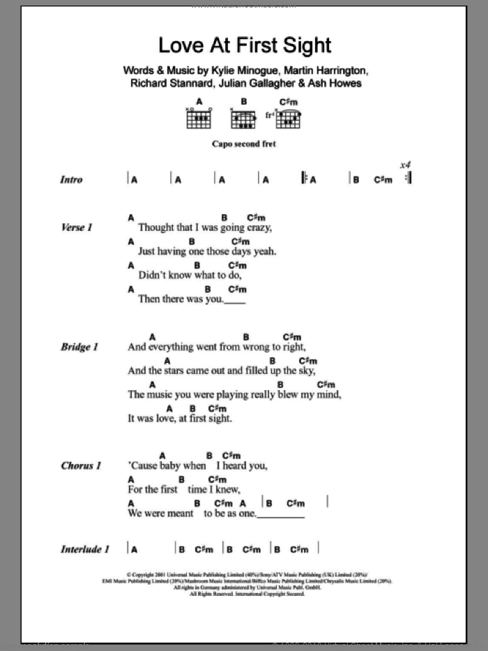 Love At First Sight sheet music for guitar (chords) by Kylie Minogue, Ash Howes, Julian Gallagher, Martin Harrington and Richard Stannard, intermediate skill level