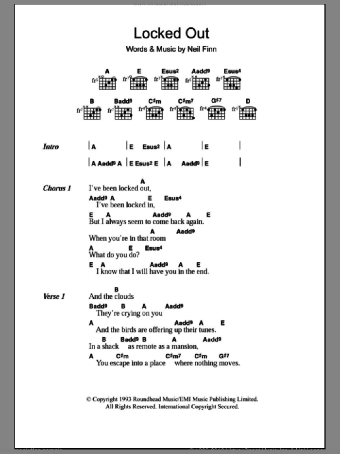 Locked Out sheet music for guitar (chords) by Crowded House and Neil Finn, intermediate skill level