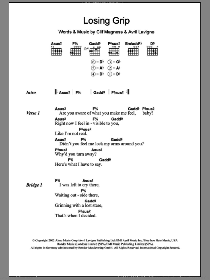 Losing Grip sheet music for guitar (chords) by Avril Lavigne and Clif Magness, intermediate skill level