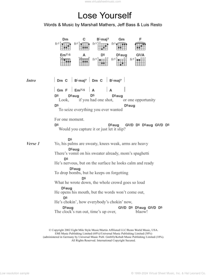 Lose Yourself sheet music for guitar (chords) by Eminem, Jeff Bass, Luis Resto and Marshall Mathers, intermediate skill level